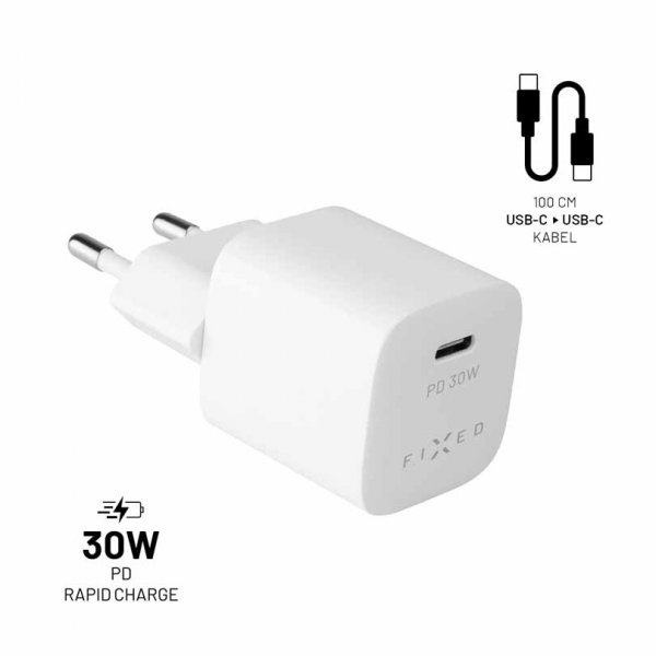 Fixed Lader med Kabel Mini PD Travel Charger Kit USB-C/USB-C 30W Hvit