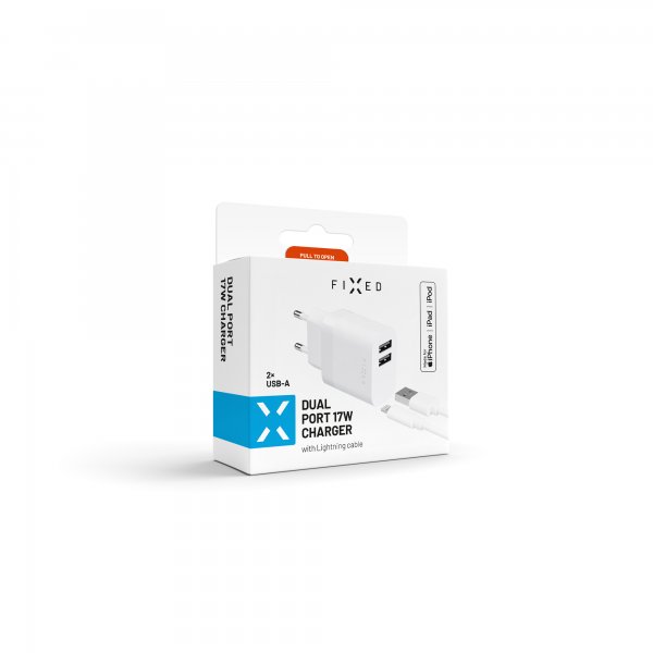 Fixed Lader med Lightning-kabel 1m 2xUSB-A 17W Hvit