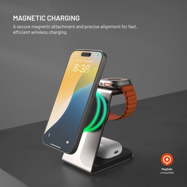 Fixed MagSafe Trådløs lader MagPowerstation Alu 15W Qi2 3-in-1 Titan