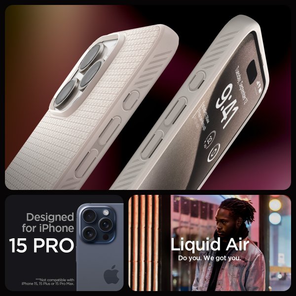 Spigen iPhone 15 Pro Deksel Liquid Air Natural Titanium