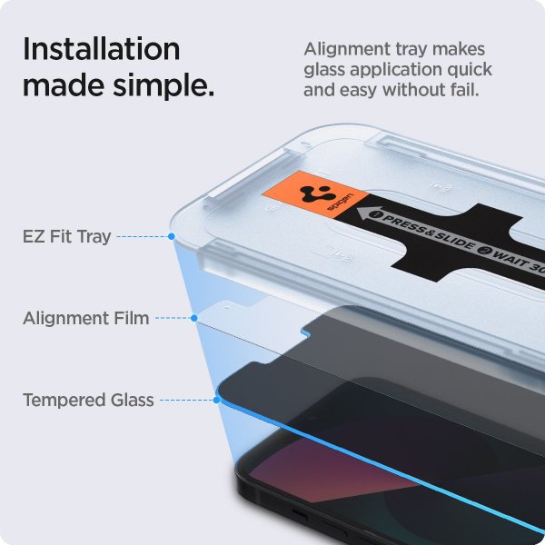 Spigen iPhone 13/13 Pro/14/16e/17e Skjermbeskytter GLAS.tR EZ Fit Privacy 2-pack