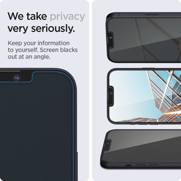 Spigen iPhone 13/13 Pro/14/16e/17e Skjermbeskytter GLAS.tR EZ Fit Privacy 2-pack