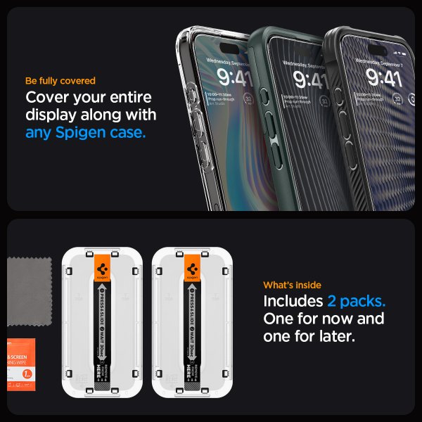 Spigen iPhone 15 Pro Skjermbeskytter GLAS.tR EZ Fit FC Svart 2-pack