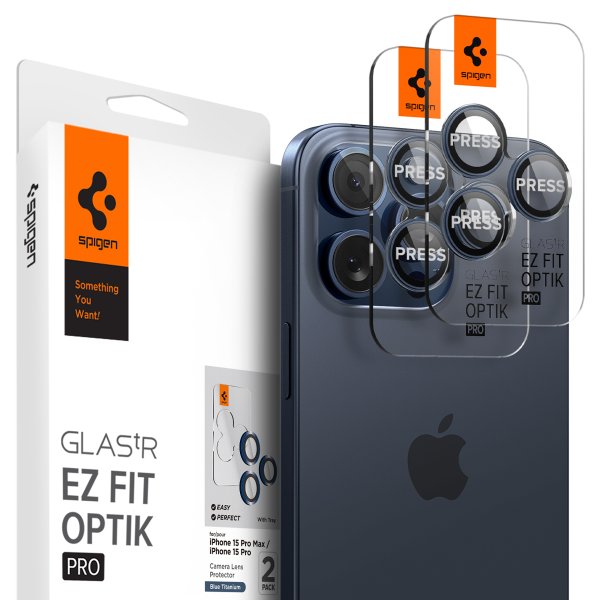 Spigen iPhone 15 Pro/iPhone 15 Pro Max Kamerabeskytter GLAS.tR EZ Fit Optik Pro 2-pakning Blue Titanium