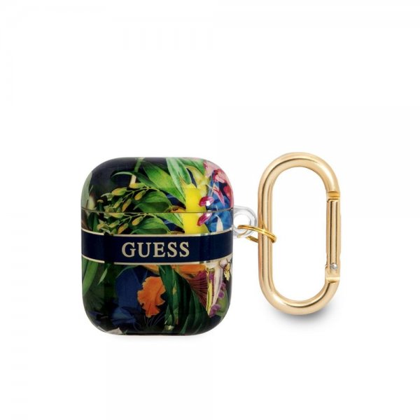 Guess AirPods 1/2 Deksel Flower Print & Gold Hook Blå
