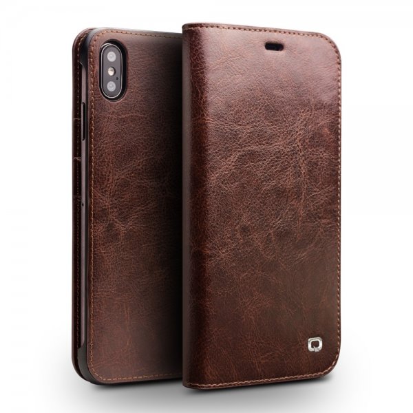 Qialino Ekte Skinn Etui med Kortlomme till Apple iPhone Xs Max Brun