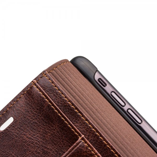 Qialino Ekte Skinn Etui med Kortlomme till Apple iPhone Xs Max Brun
