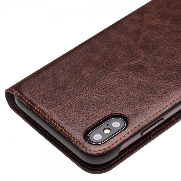 Qialino Ekte Skinn Etui med Kortlomme till Apple iPhone Xs Max Brun