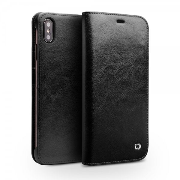 Qialino Ekte Skinn Etui med Kortlomme till Apple iPhone Xs Max Svart