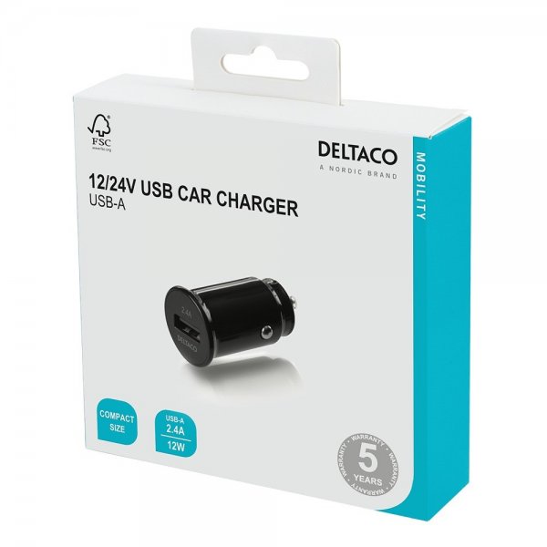 Deltaco Mobillader til bil 12/24V USB-A Car Charger