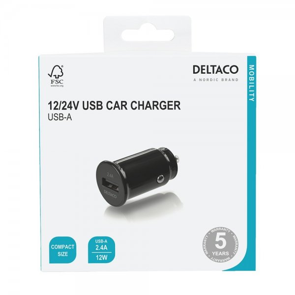 Deltaco Mobillader til bil 12/24V USB-A Car Charger