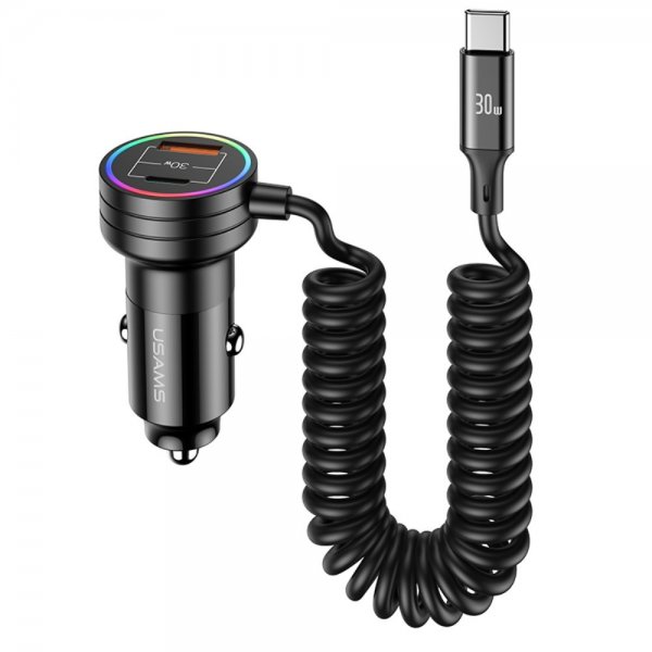 USAMS Mobillader til bil 60W Car Charger with Spring Cable