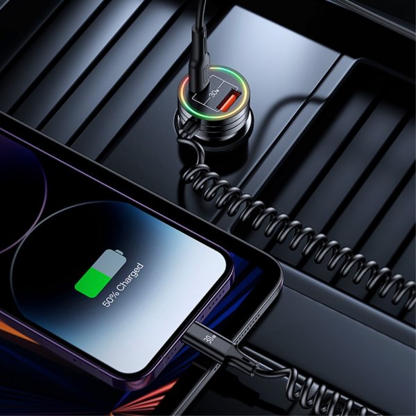 USAMS Mobillader til bil 60W Car Charger with Spring Cable
