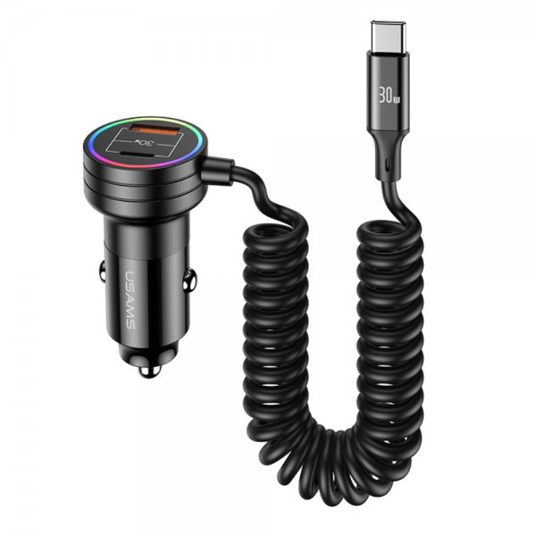 USAMS Mobillader til bil 60W Car Charger with Spring Cable