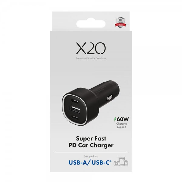 X2O Mobillader til bil 60W Triple USB-C/USB-A GaN Svart
