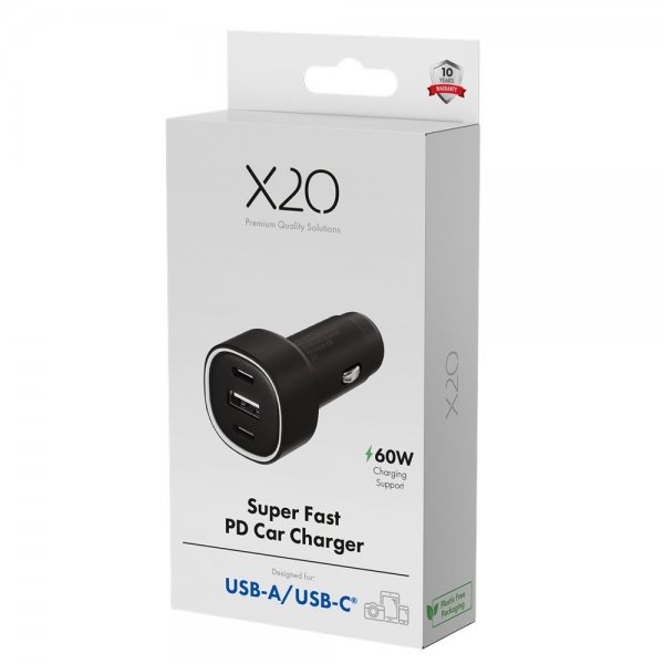 X2O Mobillader til bil 60W Triple USB-C/USB-A GaN Svart