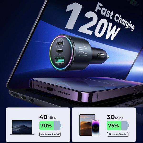 Joyroom Mobillader til bil JR-CCN07 3-port Car Charger 120W