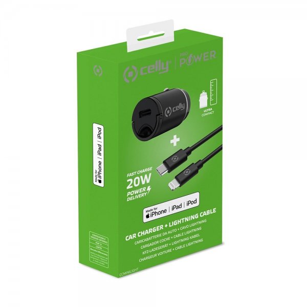 Celly Mobillader til bil med Lightning-kabel CCMINILIGHT 20W Hvit
