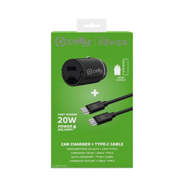 Celly Mobillader til bil med USB-C kabel CCMINITYPEC 20W Svart