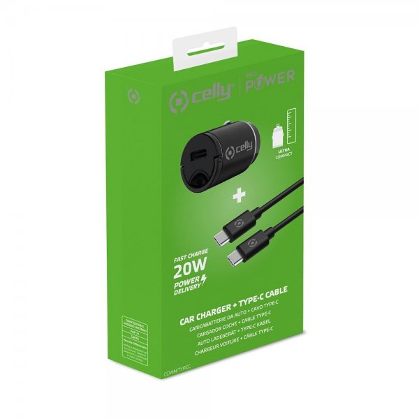 Celly Mobillader til bil med USB-C kabel CCMINITYPEC 20W Svart
