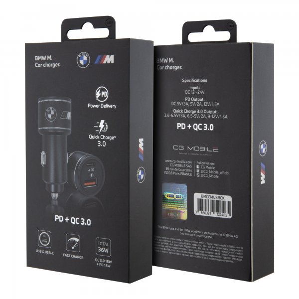 BMW Mobillader til bil M Car Charger USB-A/USB-C PD + QC 3.0 36W