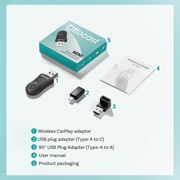 Ottocast Mini Trådløs Apple CarPlay/Android Auto Adapter