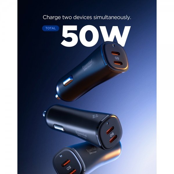 Spigen Essential Mobillader til bil 50W 2xUSB-C Svart