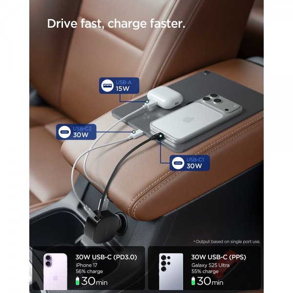 Spigen Essential Mobillader til bil med innebygd Kabel 60W Svart