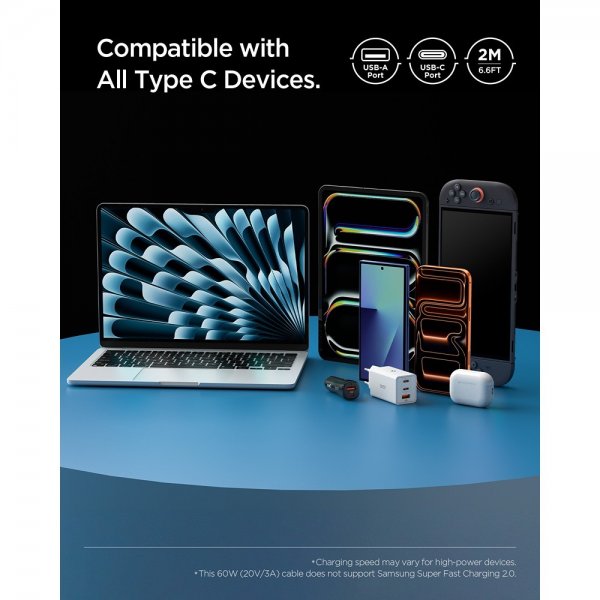 Spigen Essential Kabel USB-A/USB-C 60W 2m Hvit