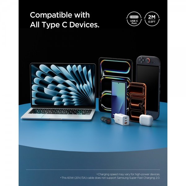 Spigen Essential Kabel USB-C/USB-C 60W 2m Svart