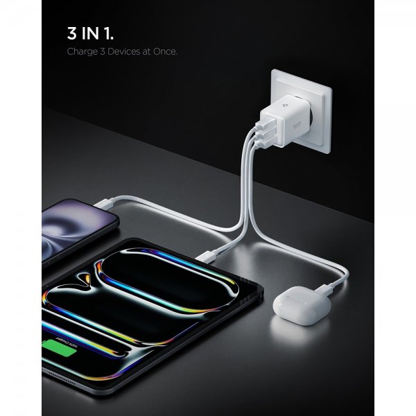 Spigen Essential Lader 47W 2xUSB-C 1xUSB-A Hvit