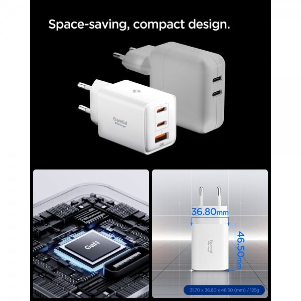 Spigen Essential Lader 47W 2xUSB-C 1xUSB-A Hvit