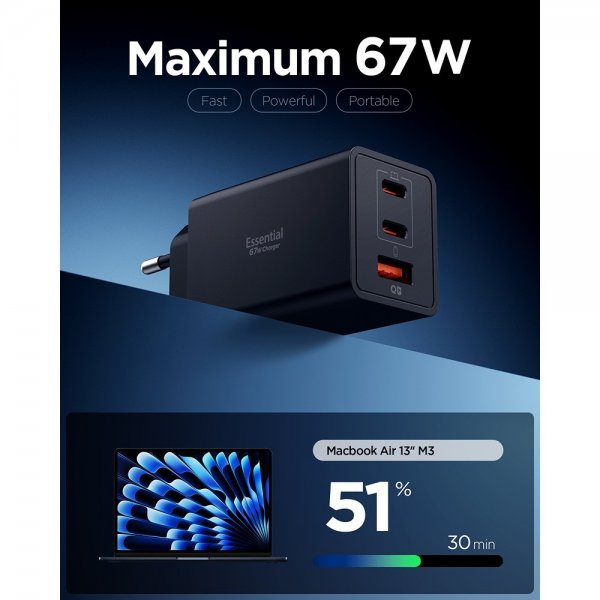 Spigen Essential Lader 67W 2xUSB-C 1xUSB-A Svart