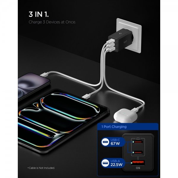 Spigen Essential Lader 67W 2xUSB-C 1xUSB-A Svart