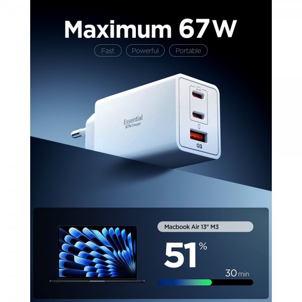 Spigen Essential Lader 67W 2xUSB-C 1xUSB-A Hvit