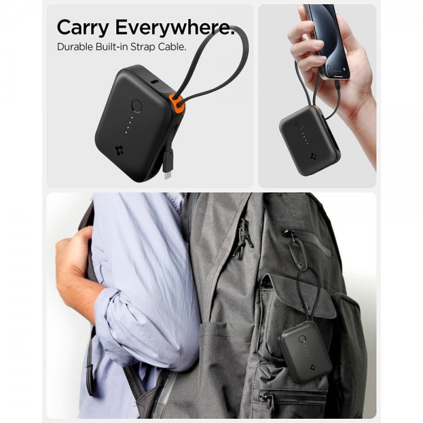 Spigen Essential Powerbank med innebygd Kabel 10 000 mAh 30W Svart