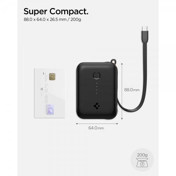 Spigen Essential Powerbank med innebygd Kabel 10 000 mAh 30W Svart