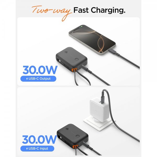 Spigen Essential Powerbank med innebygd Kabel 10 000 mAh 30W Svart