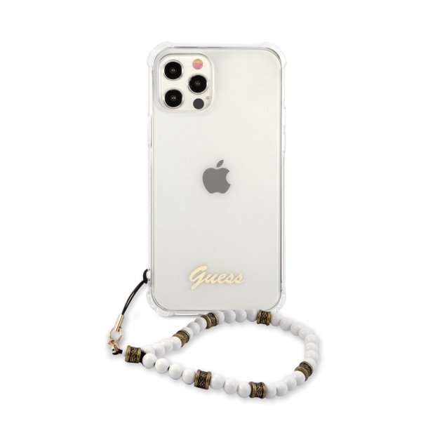 Guess iPhone 12 Pro Max Deksel Script & Pearls Hvit Klar