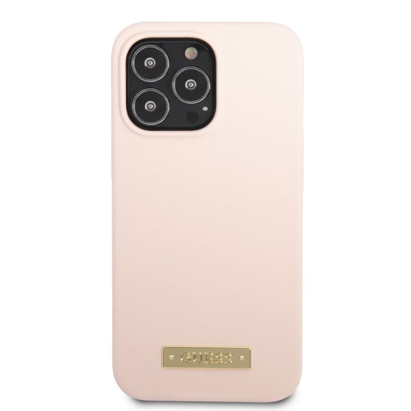 Guess iPhone 13 Pro Deksel Silicone Metal Plate MagSafe Rosa