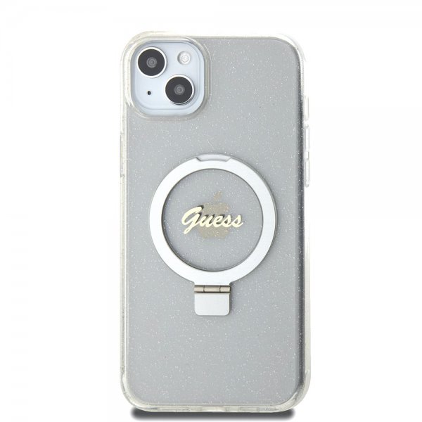 Guess iPhone 15 Plus Deksel Ring Stand Glitter MagSafe Transparent