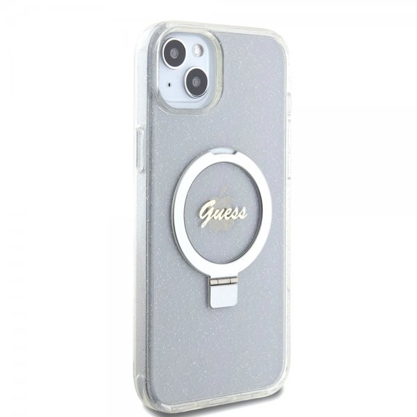 Guess iPhone 15 Plus Deksel Ring Stand Glitter MagSafe Transparent