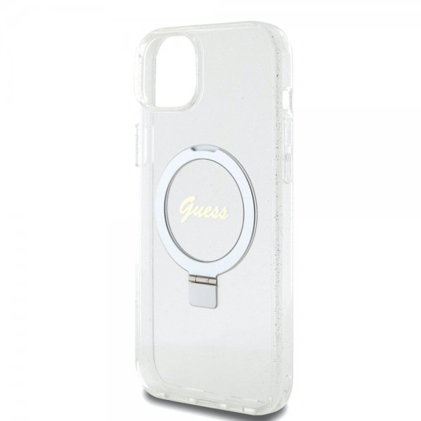 Guess iPhone 15 Plus Deksel Ring Stand Glitter MagSafe Transparent