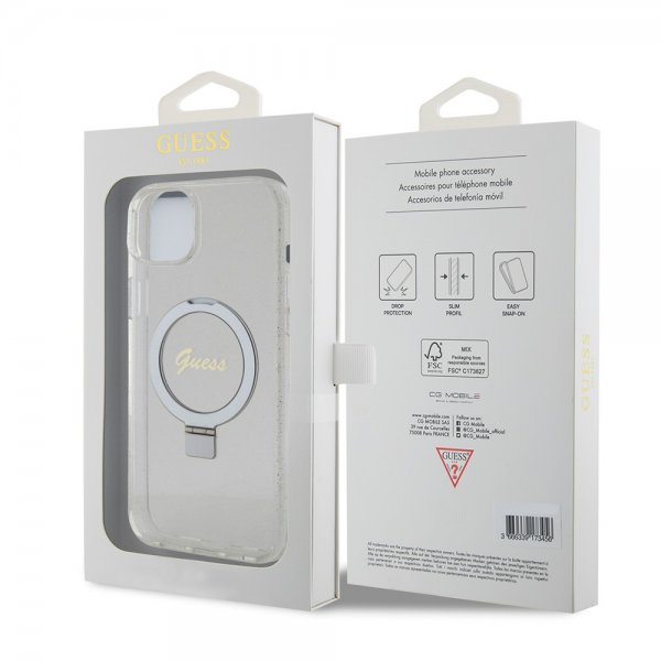 Guess iPhone 15 Plus Deksel Ring Stand Glitter MagSafe Transparent