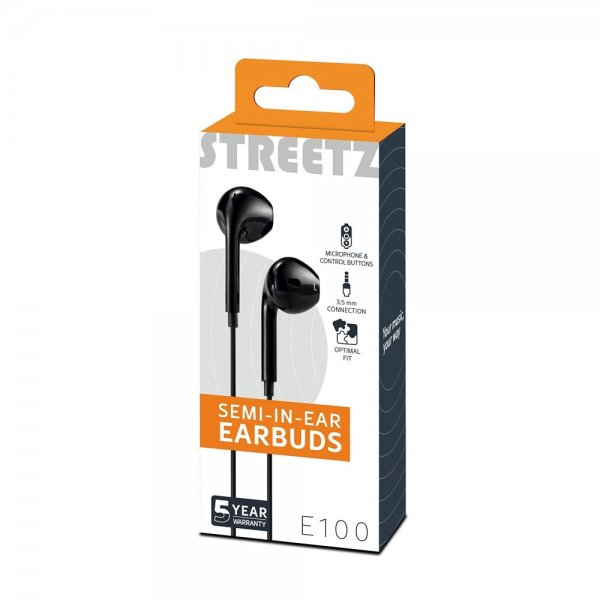 Streetz Hodetelefoner E100 Semi-In-Ear Earbuds 3.5mm Svart