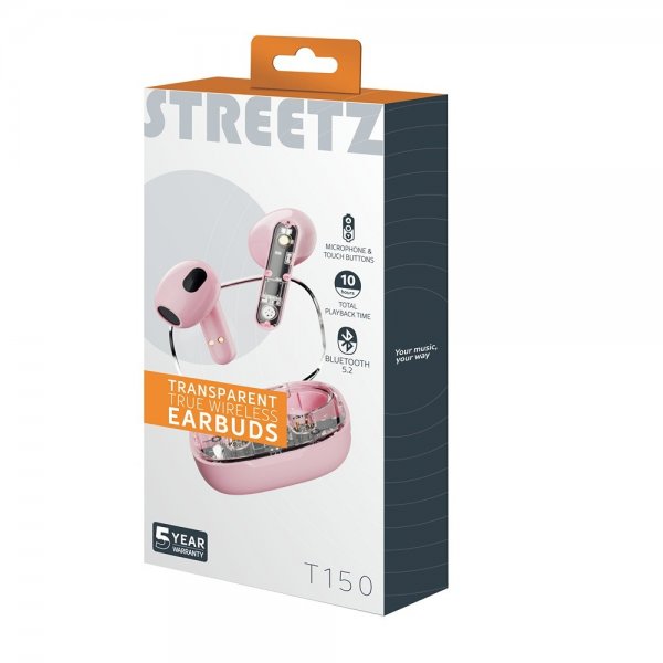 Streetz Hodetelefoner T150 Transparent True Wireless Earbuds Rosa