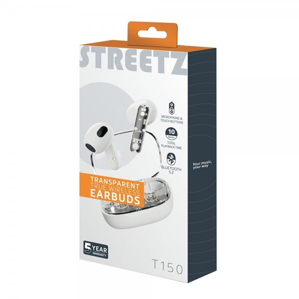 Streetz Hodetelefoner T150 Transparent True Wireless Earbuds Hvit