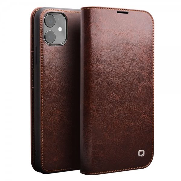 Qialino iPhone 11 Etui Ekte Skinn Kortlomme Brun
