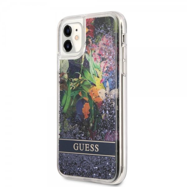 Guess iPhone 11 Deksel Liquid Glitter Flower Pattern Blå