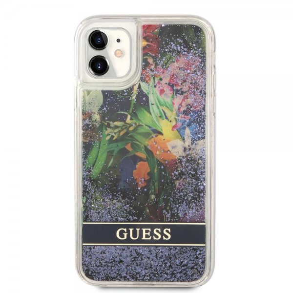 Guess iPhone 11 Deksel Liquid Glitter Flower Pattern Blå